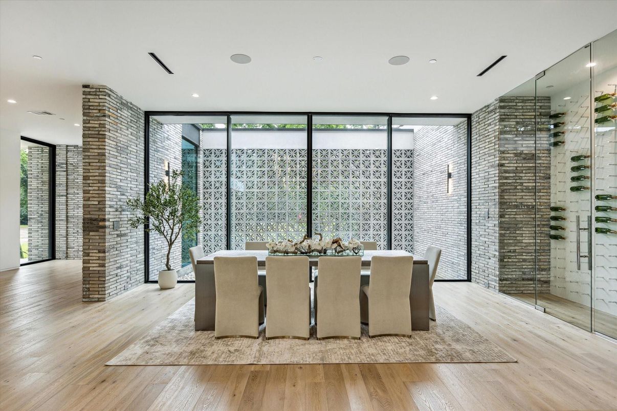 Dining room, Interior, Recessed Lighting, Wine Storage, Wood Texture Flooring