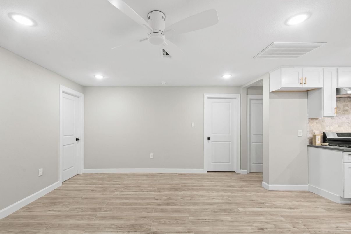 Empty room, Interior, Kitchen, Recessed Lighting, Wood Texture Flooring