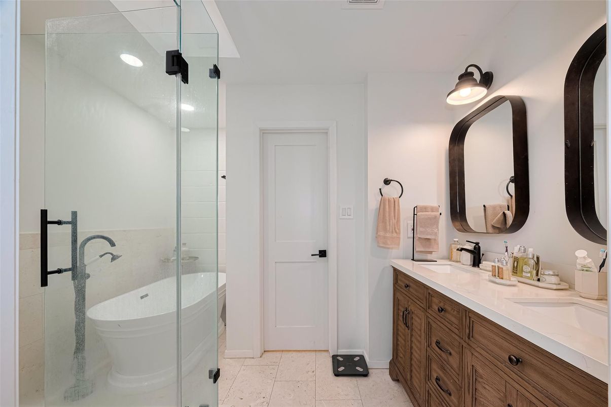 Bathroom, Dual Sink Vanities, Glass Shower, Interior, Recessed Lighting