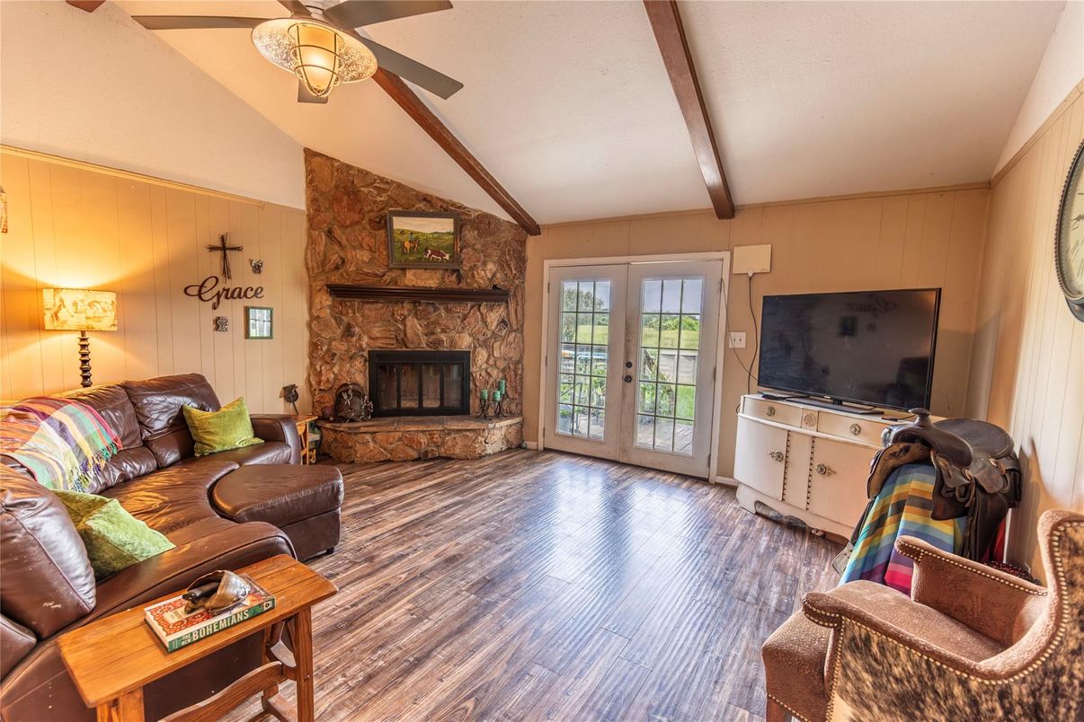 Fireplace, Interior, Living room, Stone Walls, Wooden Beams, Wood Texture Flooring