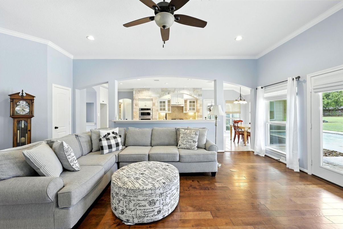 Interior, Kitchen, Living room, Recessed Lighting, Stainless Steel Appliances, Wood Texture Flooring