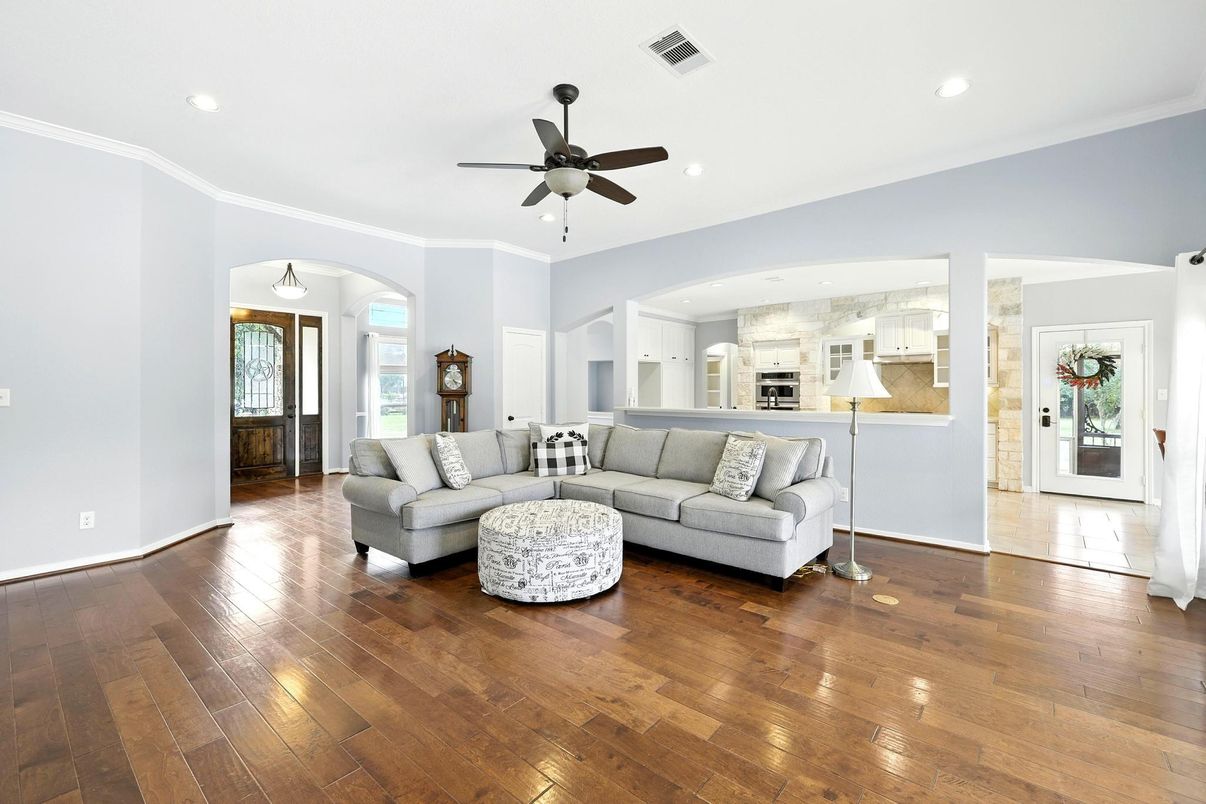Interior, Kitchen, Living room, Recessed Lighting, Stainless Steel Appliances, Wood Texture Flooring