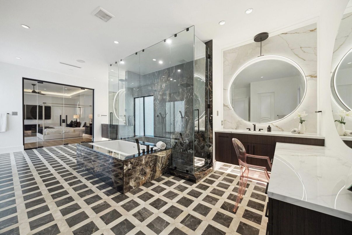 Bathroom, Glass Shower, Interior, Marble Walls, Recessed Lighting