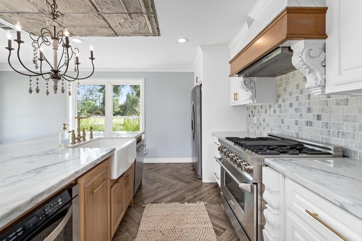 Chandelier, Interior, Kitchen, Recessed Lighting, Stainless Steel Appliances, Wood Texture Flooring