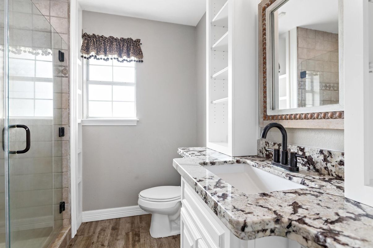 Bathroom, Glass Shower, Interior, Wood Texture Flooring