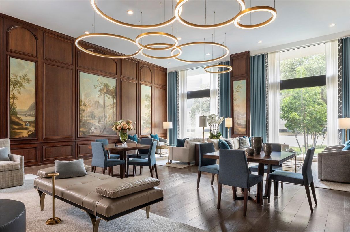 Dining room, Interior, Living room, Pendant Lights, Recessed Lighting, Wood Texture Flooring