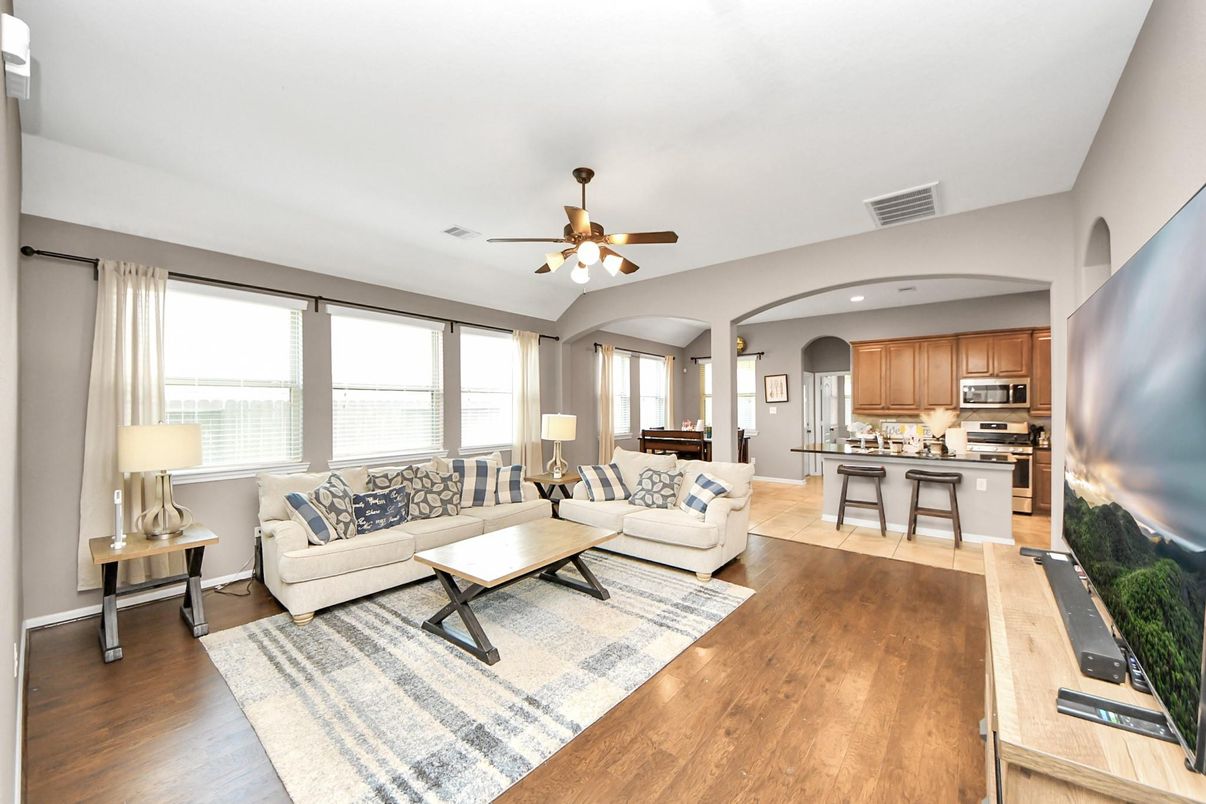Interior, Kitchen, Living room, Recessed Lighting, Stainless Steel Appliances, Wood Texture Flooring