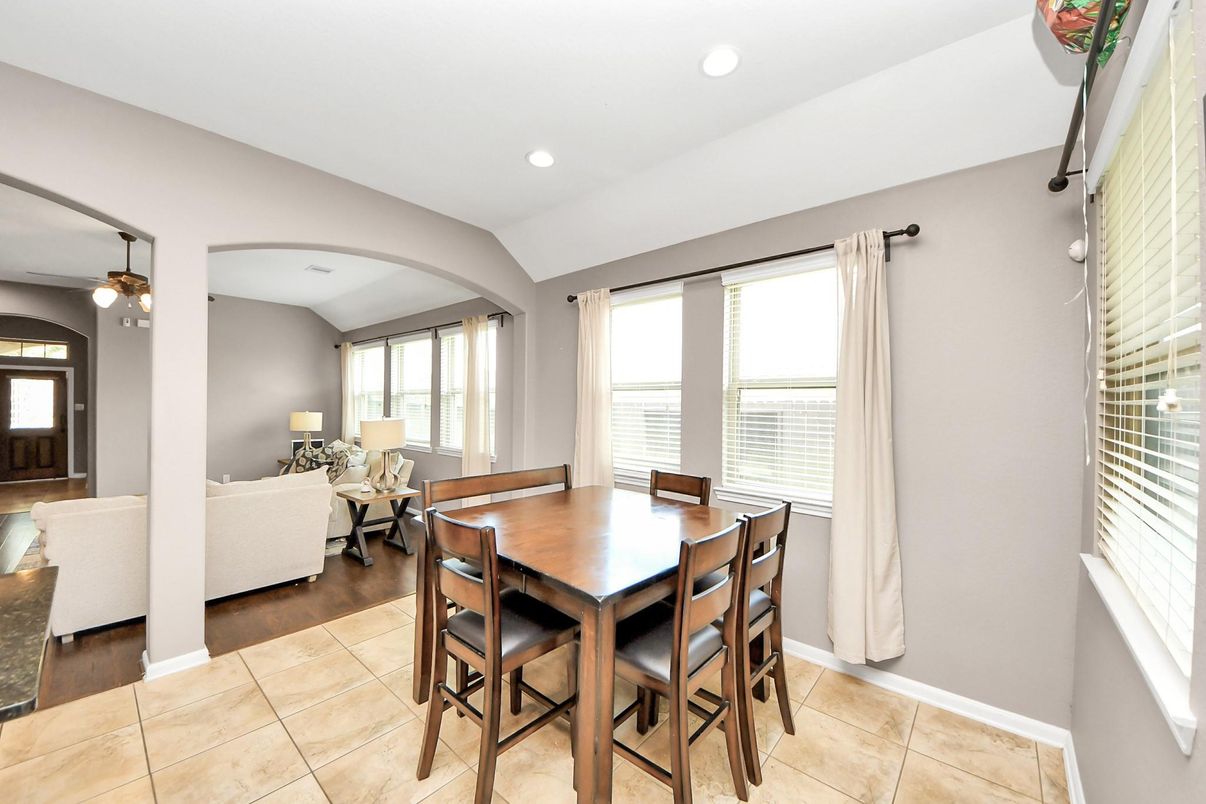 Dining room, Interior, Living room, Recessed Lighting, Wood Texture Flooring