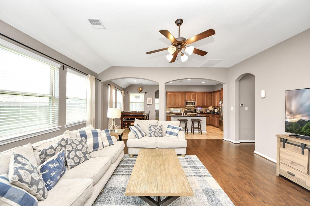 Interior, Kitchen, Living room, Recessed Lighting, Stainless Steel Appliances, Wood Texture Flooring