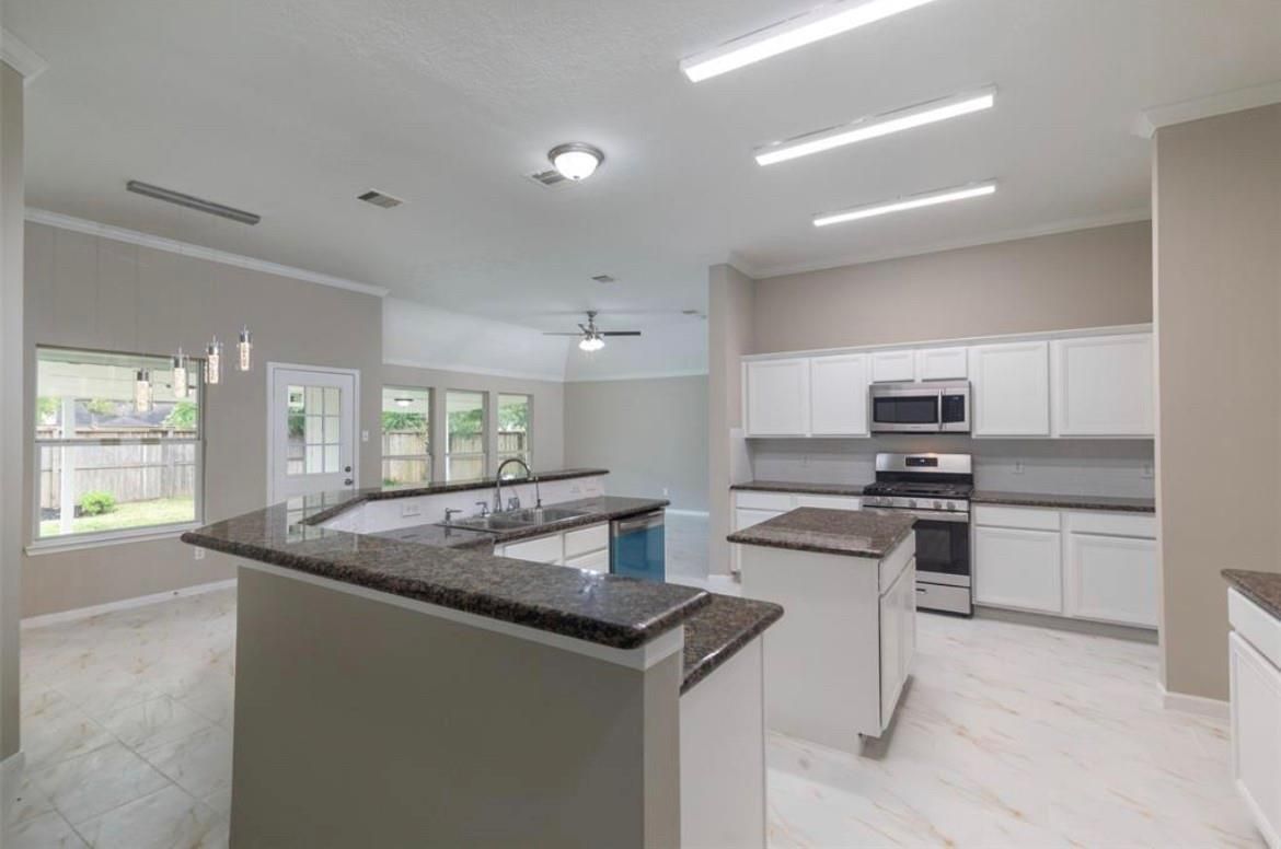 Interior, Kitchen, Marble, Pendant Lights, Recessed Lighting, Stainless Steel Appliances