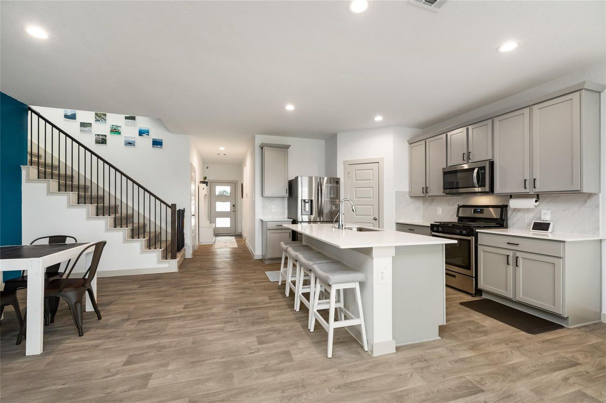 Interior, Kitchen, Recessed Lighting, Stainless Steel Appliances, Wood Texture Flooring