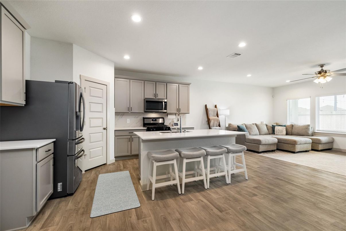 Interior, Kitchen, Living room, Recessed Lighting, Stainless Steel Appliances, Wood Texture Flooring