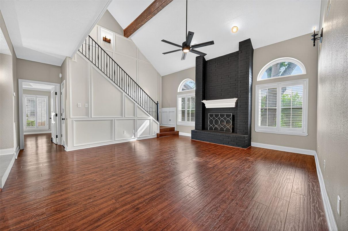Empty room, Fireplace, Interior, Wooden Beams, Wood Texture Flooring