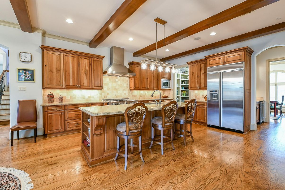 Interior, Kitchen, Pendant Lights, Recessed Lighting, Stainless Steel Appliances, Wooden Beams, Wood Texture Flooring