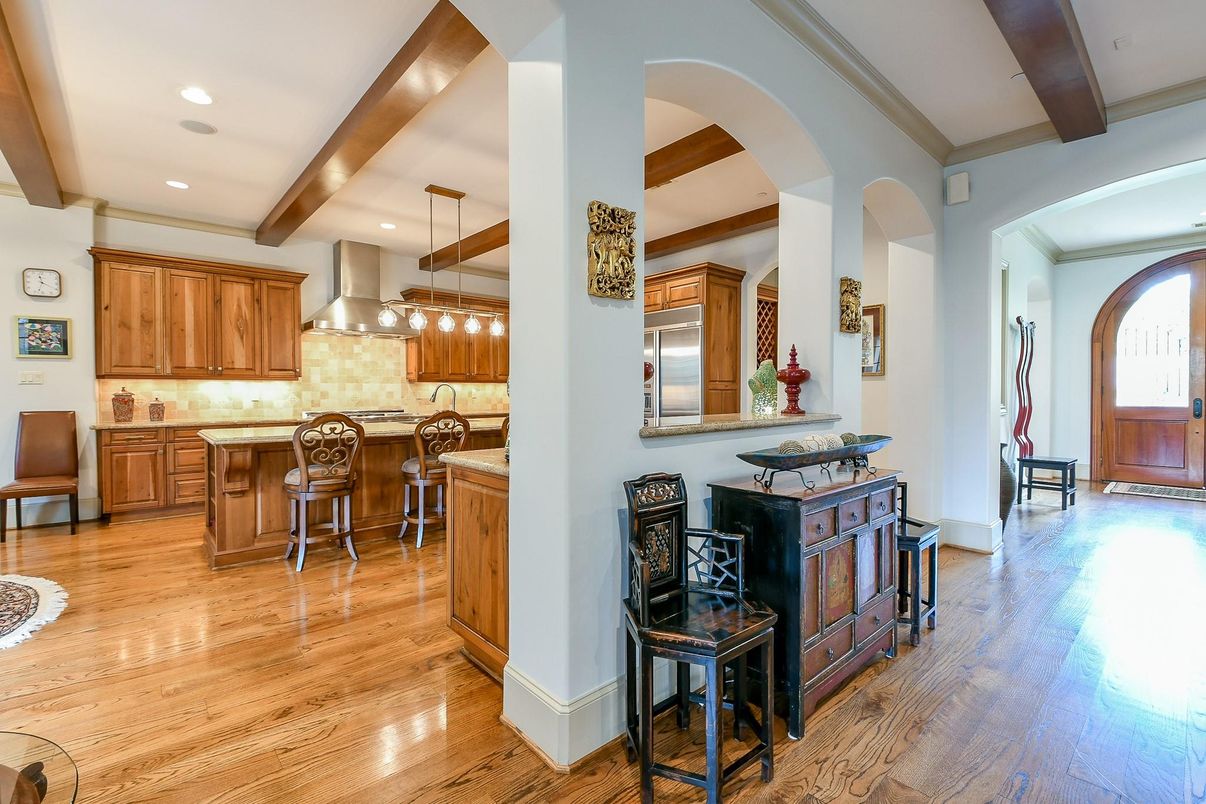 Interior, Kitchen, Pendant Lights, Recessed Lighting, Stainless Steel Appliances, Wooden Beams, Wood Texture Flooring