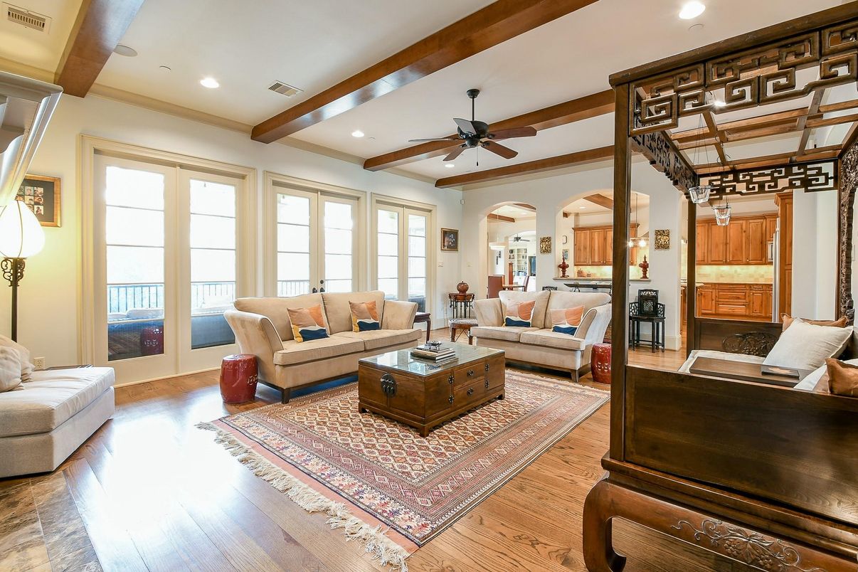 Interior, Living room, Recessed Lighting, Wooden Beams, Wood Texture Flooring