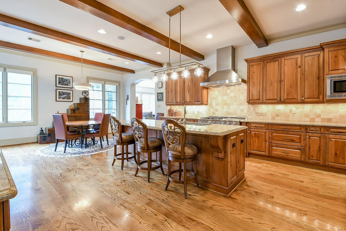 Dining room, Interior, Kitchen, Pendant Lights, Recessed Lighting, Stainless Steel Appliances, Wooden Beams, Wood Texture Flooring
