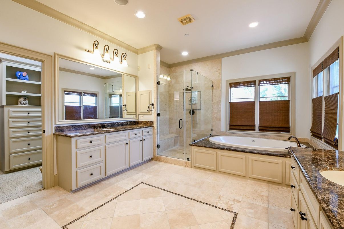 Bathroom, Dual Sink Vanities, Glass Shower, Interior, Recessed Lighting