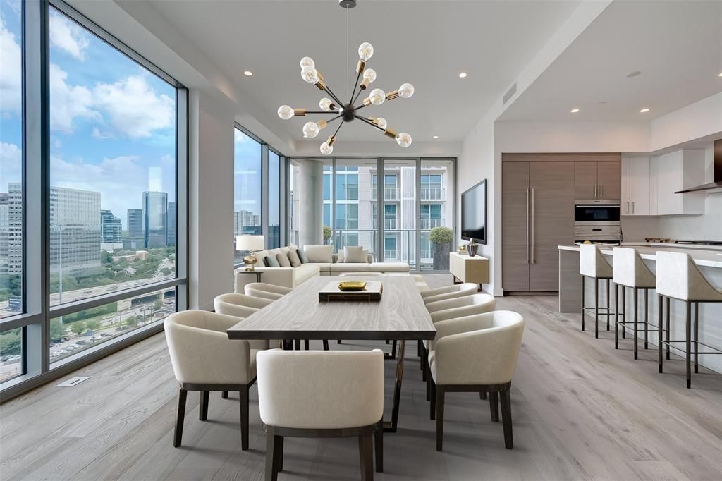 Dining room, Interior, Kitchen, Pendant Lights, Recessed Lighting, Stainless Steel Appliances, Wood Texture Flooring