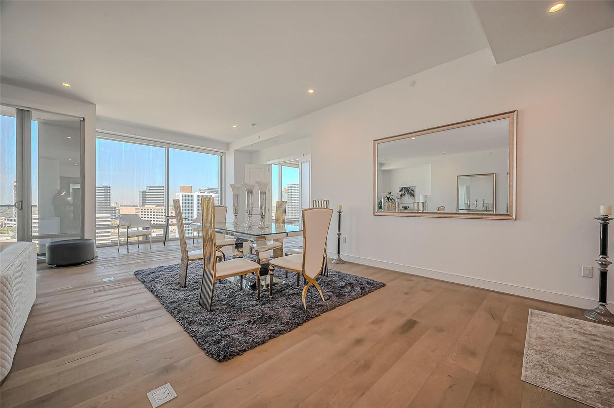 Dining room, Interior, Recessed Lighting, Wood Texture Flooring
