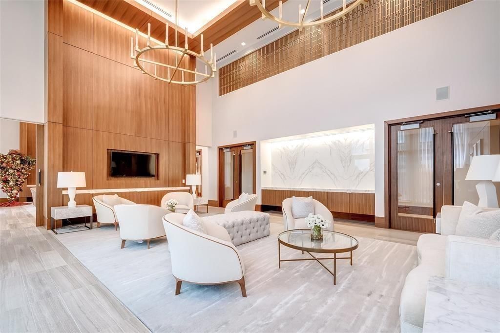 Interior, Living room, Pendant Lights, Recessed Lighting, Wood Texture Flooring, Wooden Walls