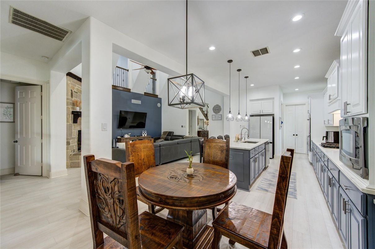 Dining room, Interior, Kitchen, Living room, Pendant Lights, Recessed Lighting, Wood Texture Flooring