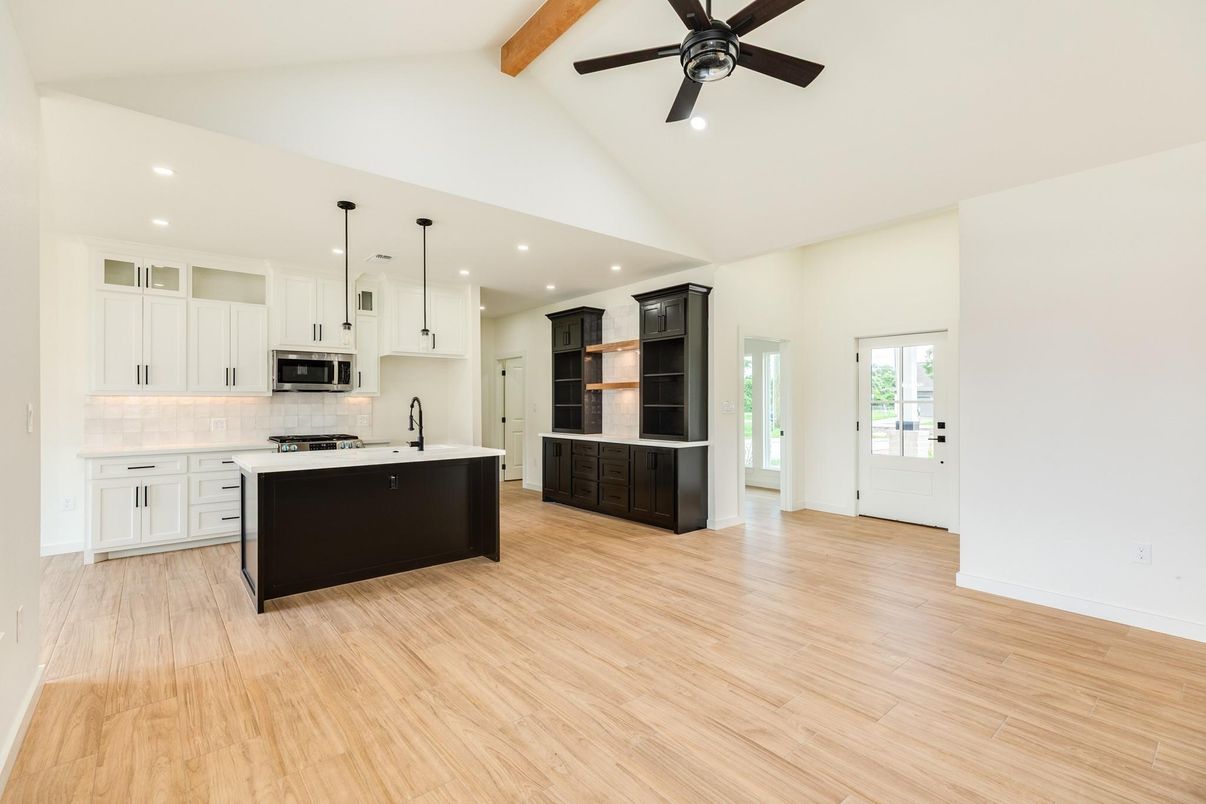 Interior, Kitchen, Pendant Lights, Recessed Lighting, Stainless Steel Appliances, Wooden Beams, Wood Texture Flooring