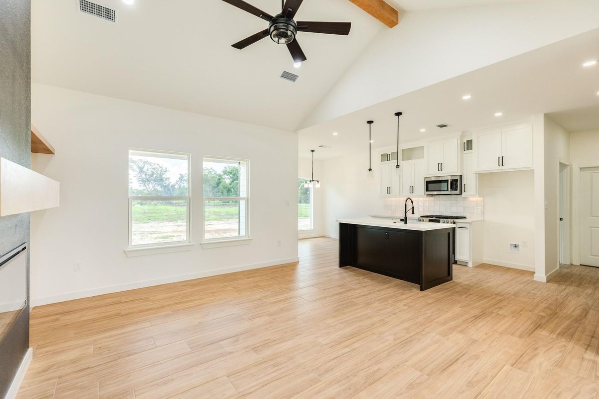 Interior, Kitchen, Pendant Lights, Recessed Lighting, Stainless Steel Appliances, Wooden Beams, Wood Texture Flooring