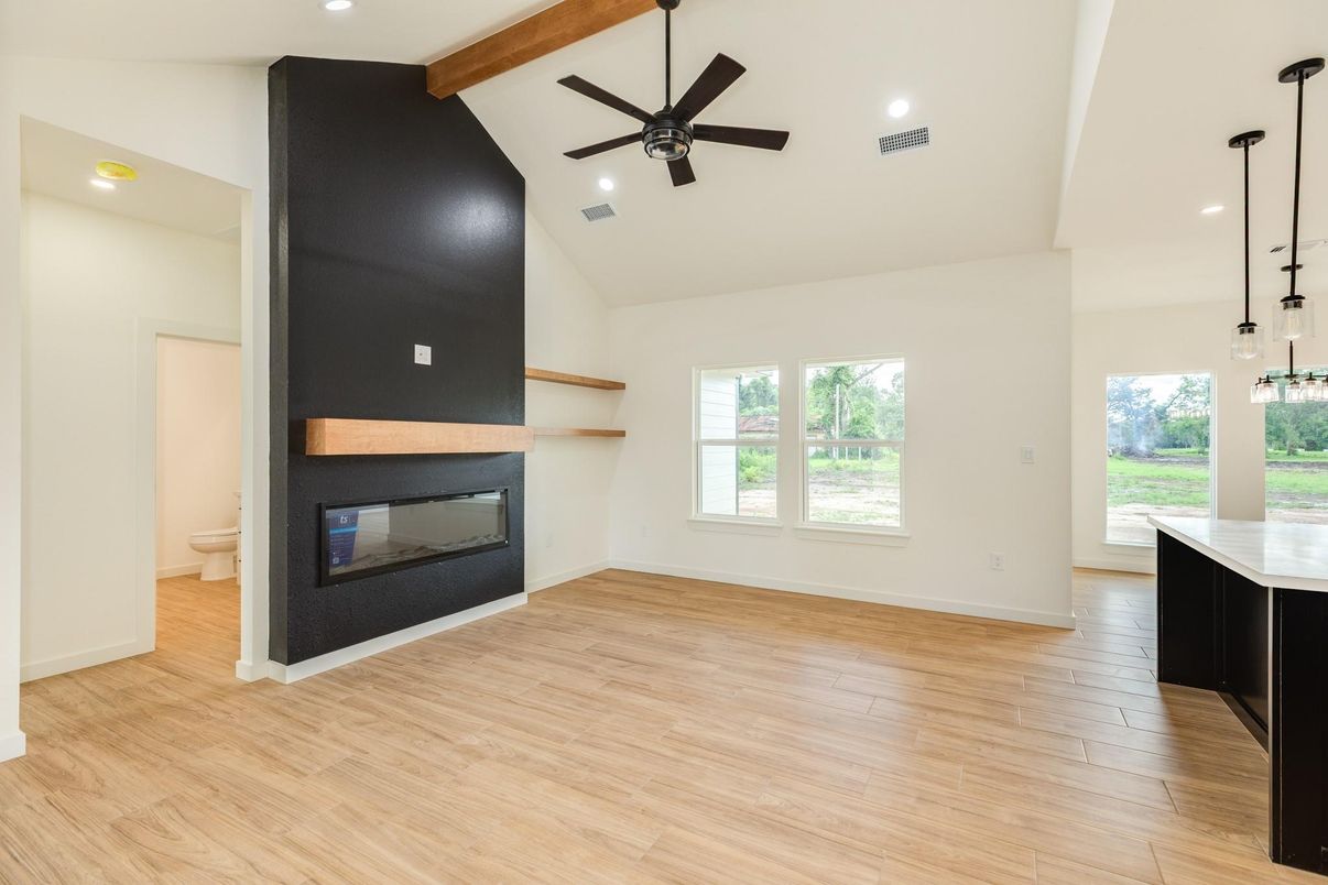 Empty room, Fireplace, Interior, Pendant Lights, Recessed Lighting, Wooden Beams, Wood Texture Flooring