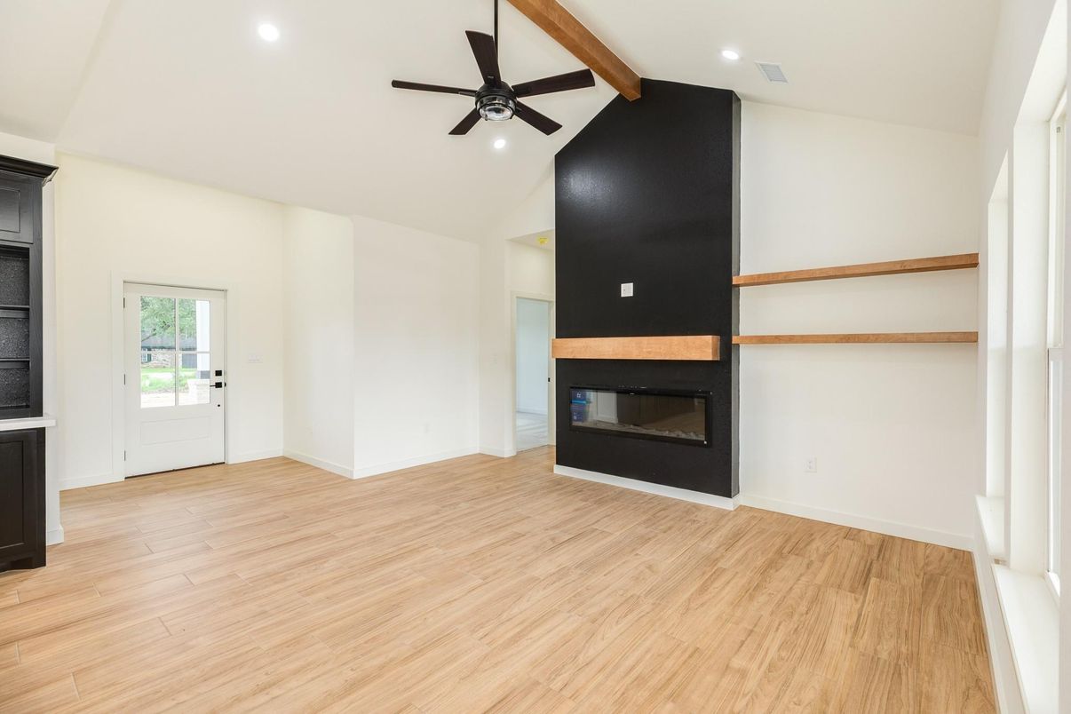 Empty room, Fireplace, Interior, Recessed Lighting, Wood Texture Flooring