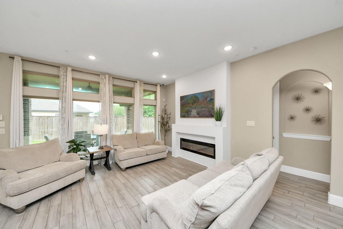 Fireplace, Interior, Living room, Recessed Lighting, Wood Texture Flooring