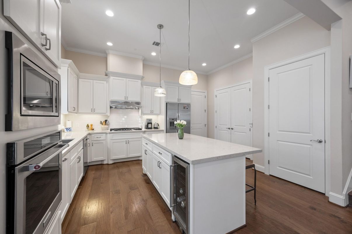 Interior, Kitchen, Pendant Lights, Recessed Lighting, Stainless Steel Appliances, Wood Texture Flooring