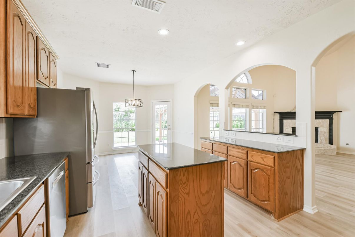 Interior, Kitchen, Pendant Lights, Recessed Lighting, Wood Texture Flooring