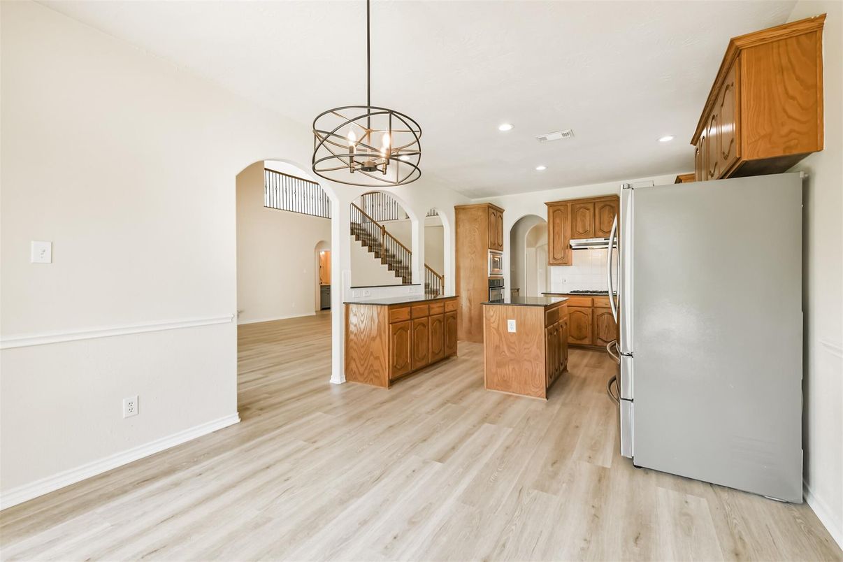 Chandelier, Interior, Kitchen, Pendant Lights, Recessed Lighting, Wood Texture Flooring