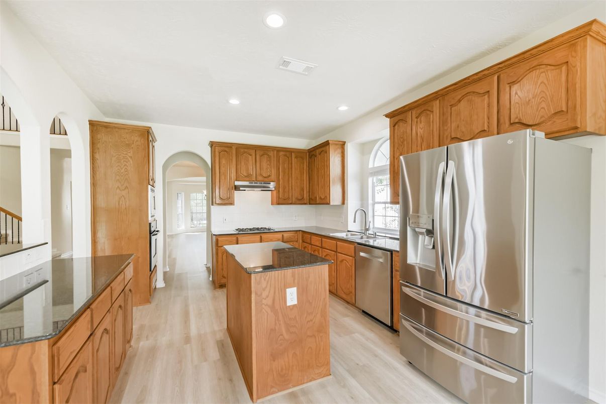 Interior, Kitchen, Recessed Lighting, Stainless Steel Appliances, Wood Texture Flooring