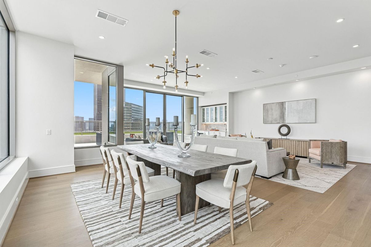Dining room, Interior, Living room, Pendant Lights, Recessed Lighting, Wood Texture Flooring
