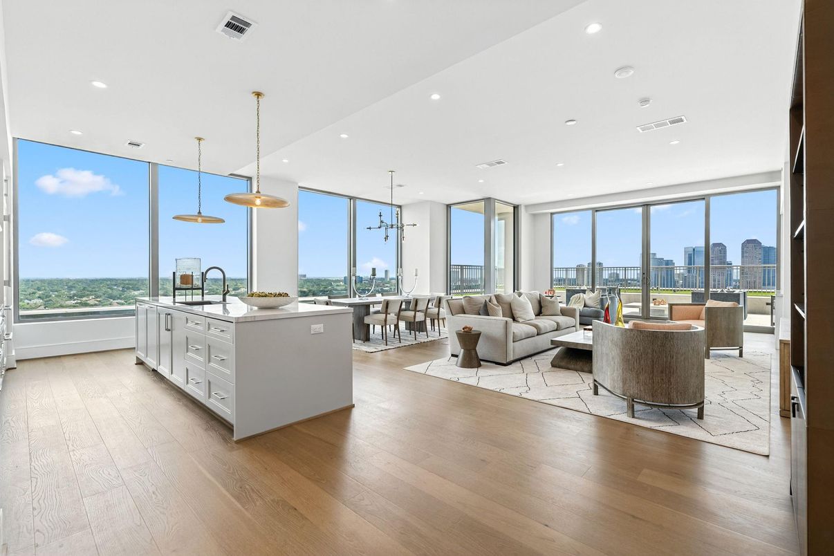 Dining room, Interior, Kitchen, Living room, Pendant Lights, Recessed Lighting, Water, Wood Texture Flooring