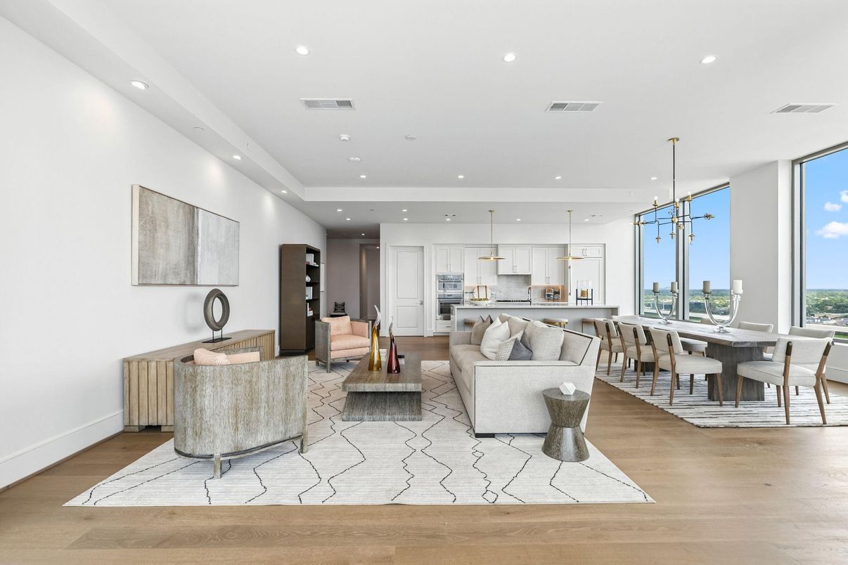 Dining room, Interior, Kitchen, Living room, Pendant Lights, Recessed Lighting, Stainless Steel Appliances, Wood Texture Flooring