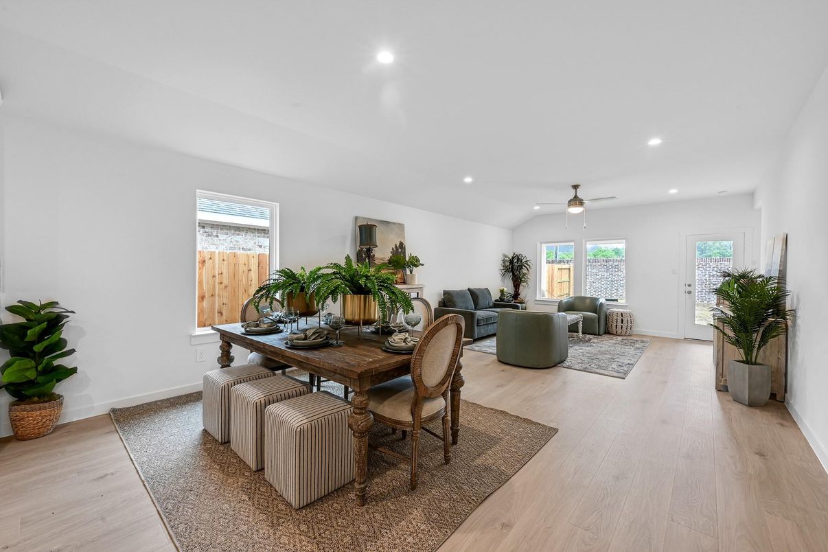 Dining room, Interior, Living room, Recessed Lighting, Wood Texture Flooring