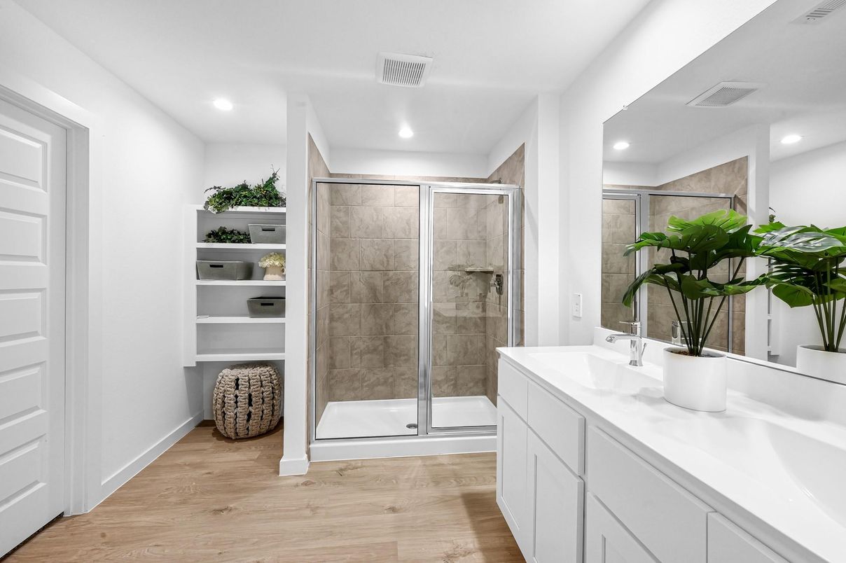 Bathroom, Glass Shower, Interior, Recessed Lighting, Wood Texture Flooring