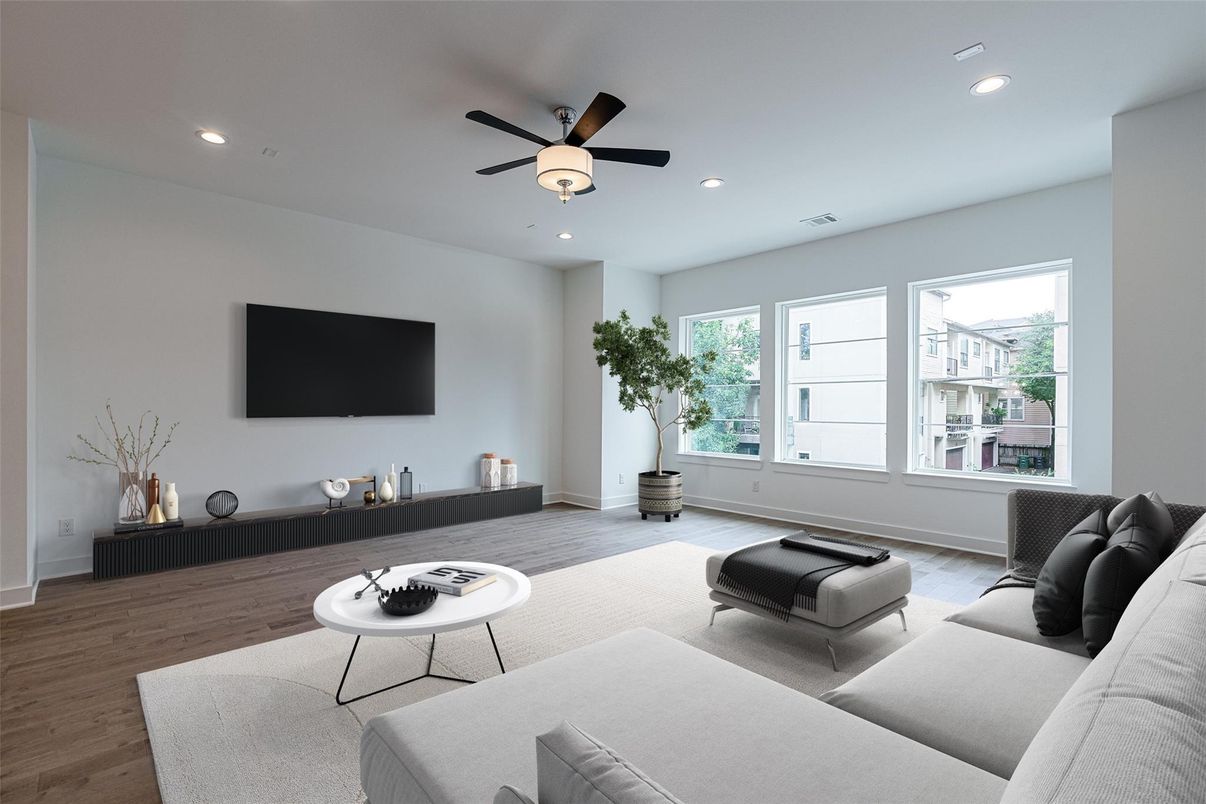 Interior, Living room, Recessed Lighting, Wood Texture Flooring