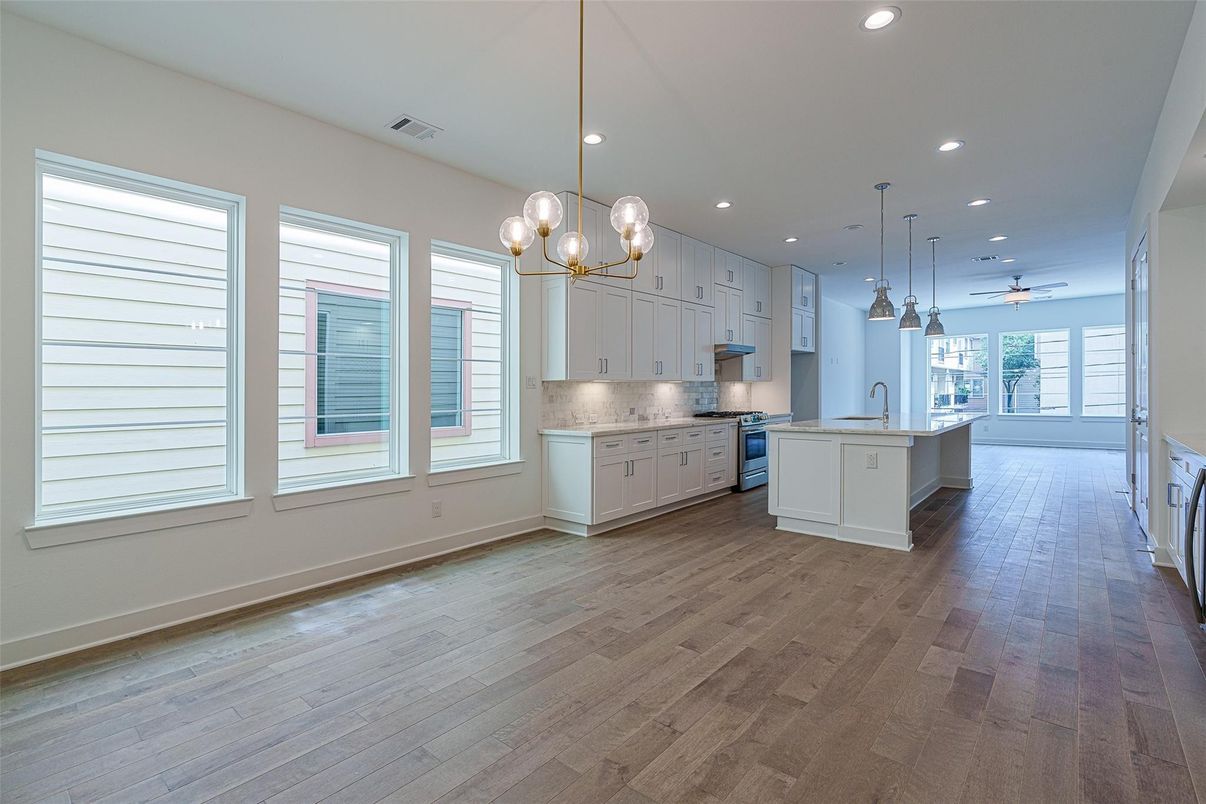 Interior, Kitchen, Pendant Lights, Recessed Lighting, Wood Texture Flooring