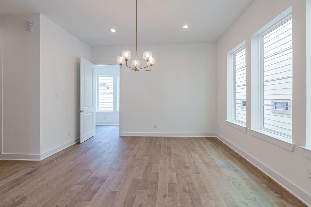 Chandelier, Empty room, Interior, Recessed Lighting, Wood Texture Flooring