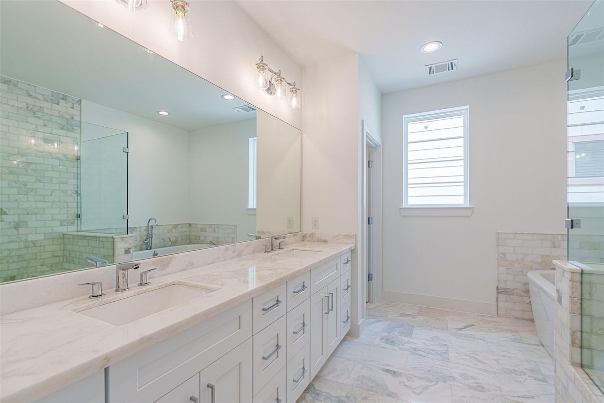 Bathroom, Dual Sink Vanities, Glass Shower, Interior, Marble, Recessed Lighting