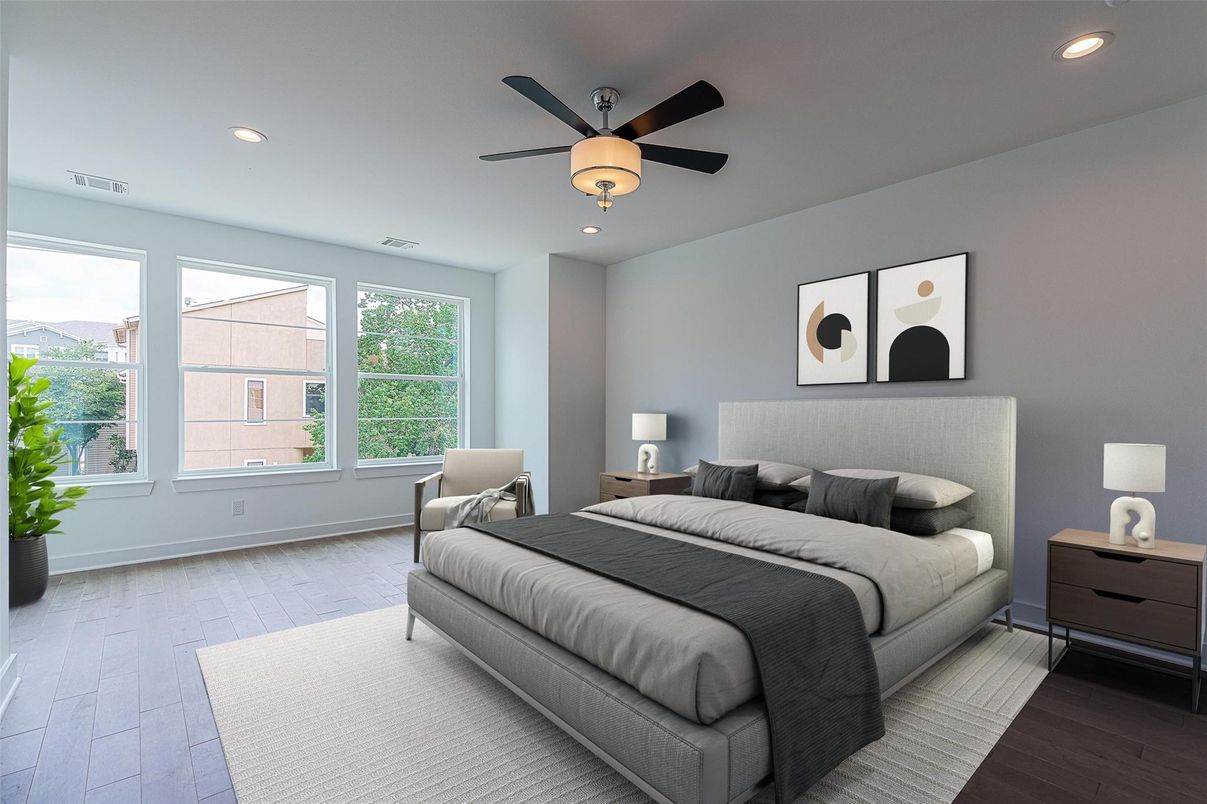 Bedroom, Interior, Recessed Lighting, Wood Texture Flooring