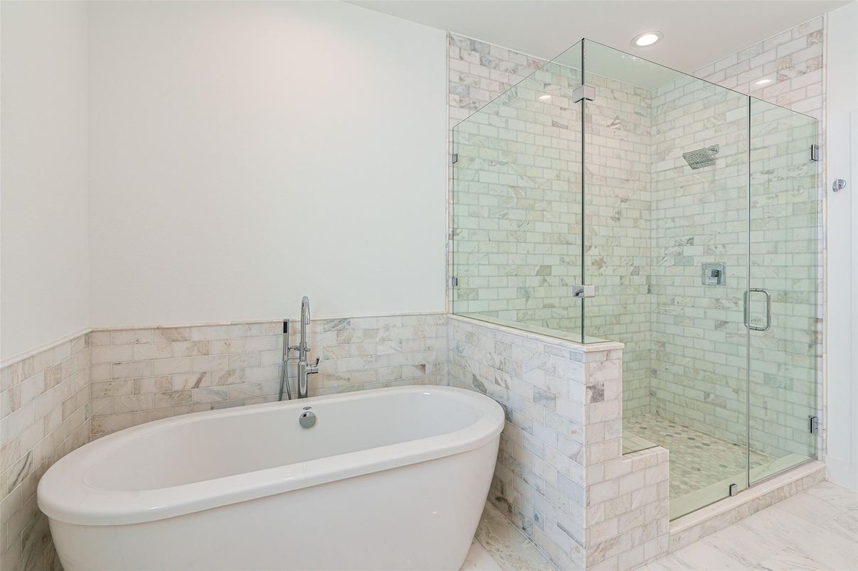 Bathroom, Free Standing Baths, Glass Shower, Interior, Marble, Recessed Lighting