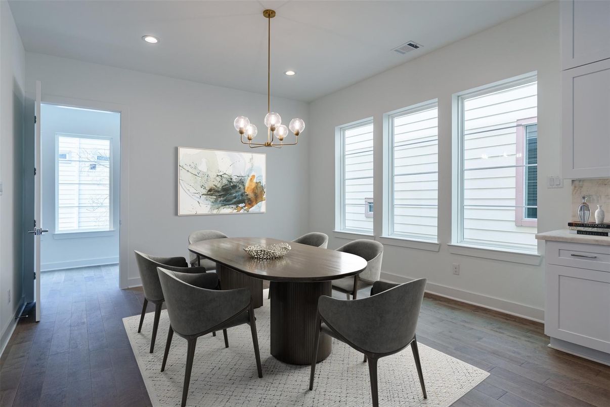 Chandelier, Dining room, Interior, Pendant Lights, Recessed Lighting, Wood Texture Flooring