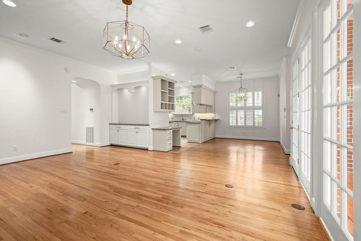Chandelier, Empty room, Interior, Kitchen, Pendant Lights, Recessed Lighting, Wood Texture Flooring