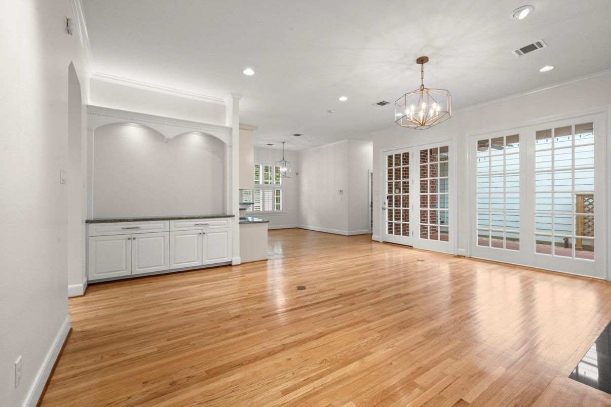 Empty room, Interior, Pendant Lights, Recessed Lighting, Wood Texture Flooring