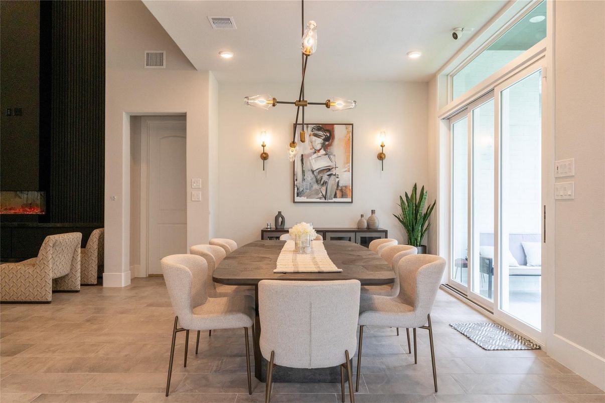 Dining room, Interior, Pendant Lights, Recessed Lighting, Wood Texture Flooring